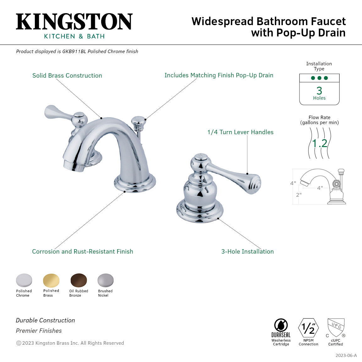 Kingston Tulare GKB918BL - Vintage Two-Handle 3-Hole Deck Mount Widespread Bathroom Faucet with Pop-Up Drain, Brushed Nickel — thumbnail 2